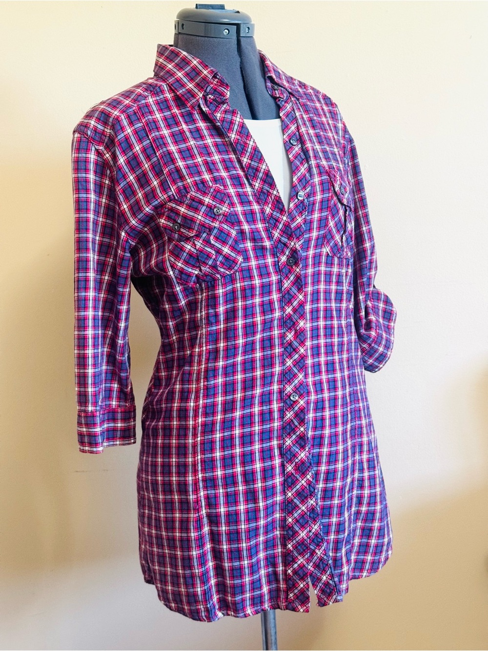 ♥️Plaid Button-Up Tunic Shirt in Red and Blue